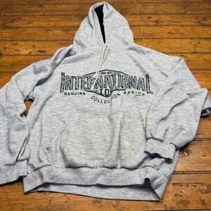 Vtg 90s International Basics Hoodie Sweatshirt Gray L Large Graphic Print